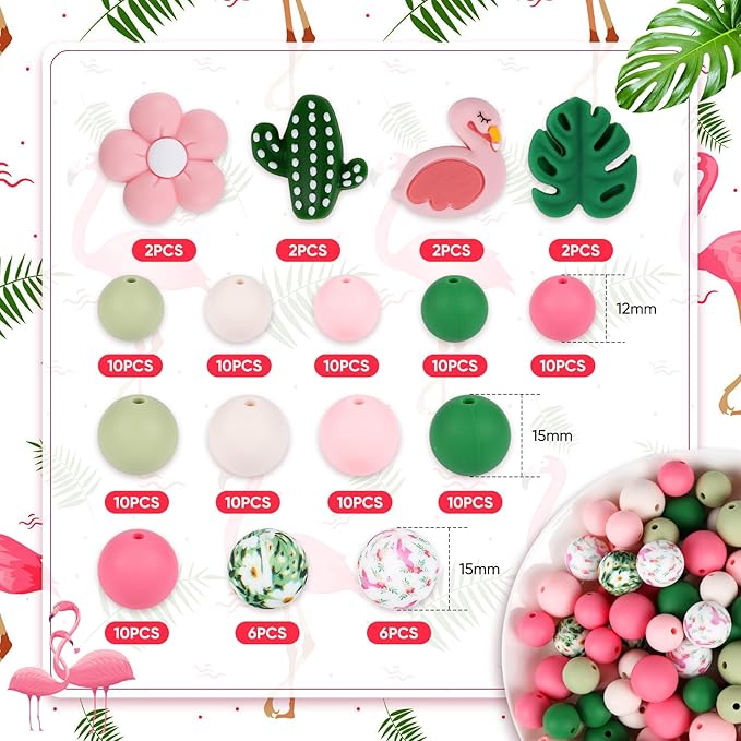 120pcs Silicone Beads for Keychain Making,Focal Beads and 15mm 12mm Silicone Beads for Pens Bracelet Making DIY kit (Flamingo)