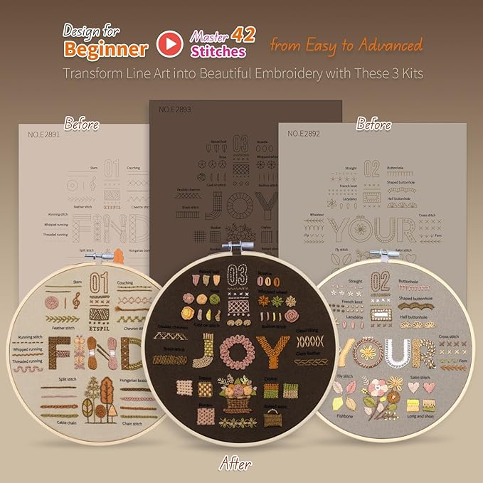 ETSPIL Find Your Joy Beginner Embroidery Kit,3 Pack DIY Starter Kits for Adults with 42 Stitch, Stamped Patterns, Floral Designs, Embroidery Hoop, Colorful Floss, Video Tutorials, and Storage Bag