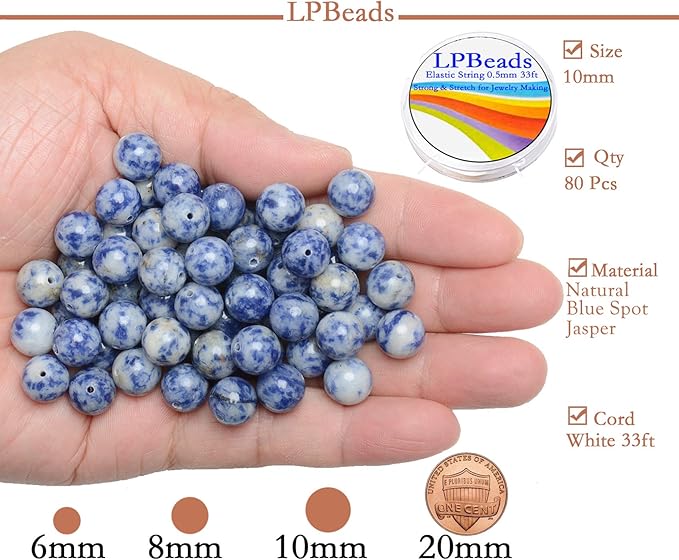 LPBeads 80Pcs Polished 10mm Round Natural Blue Spot Jasper Gemstone Loose Beads with Stretch Cord for Jewelry Making Bracelets