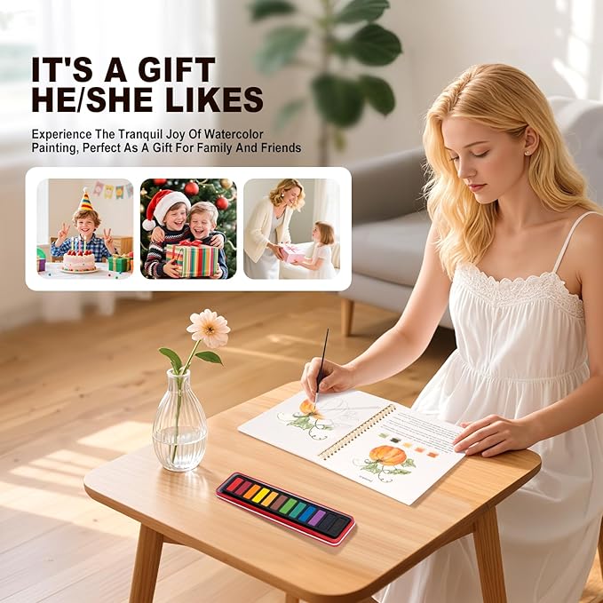 Metyond Beginner Watercolor Workbook Kit - Watercolor Painting Kit with 1 Workbook 12 Colors Paint Set with Brush, Beginner Friendly Watercolor Paint Set Gift for Adults Teens (Autumn)