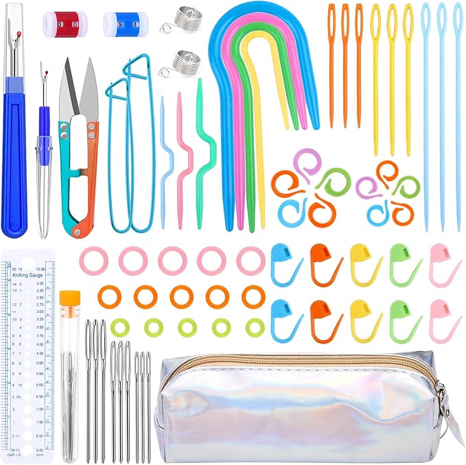 JUPEAN Knitting Kit Knitting Accessories Kit Knit Supplies Kits with Knitting Stitch Holders Stitch Markers Plastic Sewing Needles Seam Ripper Cable Needles for Weaving Sewing