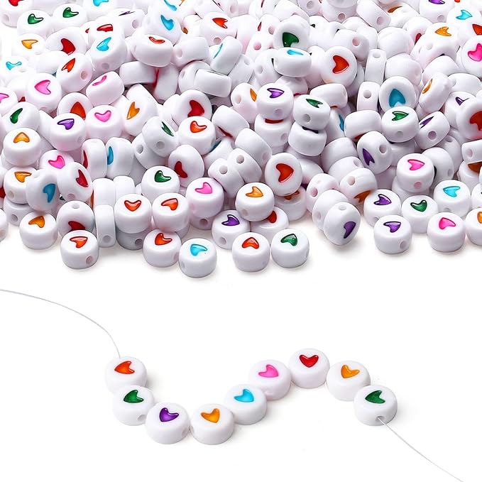 LAIDANLA 1500PCS Acrylic Letter Beads Alphabet Colorful Heart White Round Bead 7×4mm for Jewelry Bracelets Necklaces Key Chains Making
