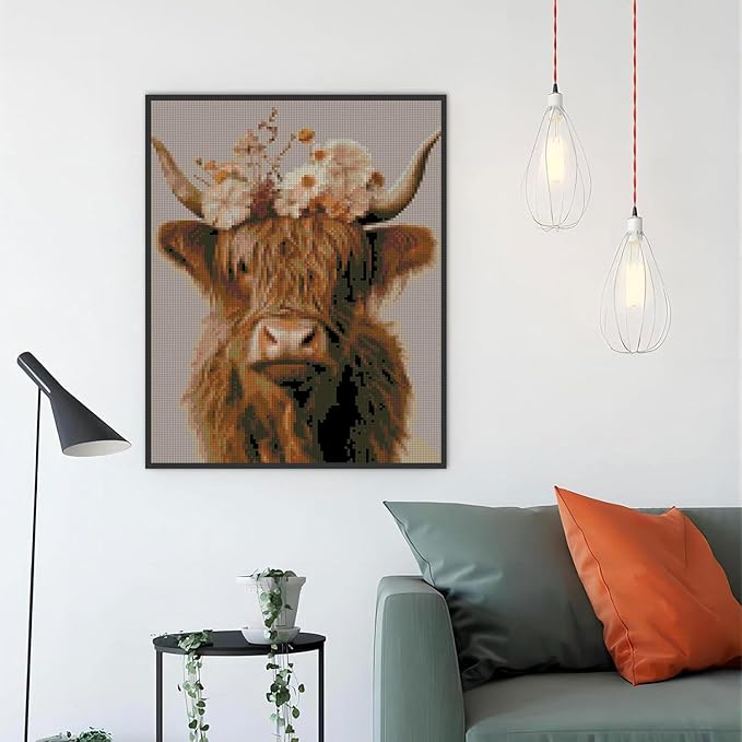 Stamped Cross Stitch Kits for Adults Beginners, Cow Flowers Easy DIY Counted Cross Stitch Kit Printed Patterns Dimensions Needlepoint Art Crafts Embroidery Kits for Home Wall Decor 15.7x11.8 inches