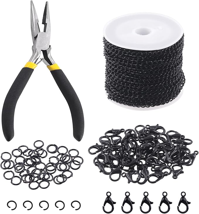 Keadic 102Pcs 30 Feet Jewelry Making Chains Kit W 3mm Metal Necklace Twisted Links Chain, Lobster Clasps, Open Jump Rings and Jewelry Pliers for Bracelet Earring Anklet DIY (Black)