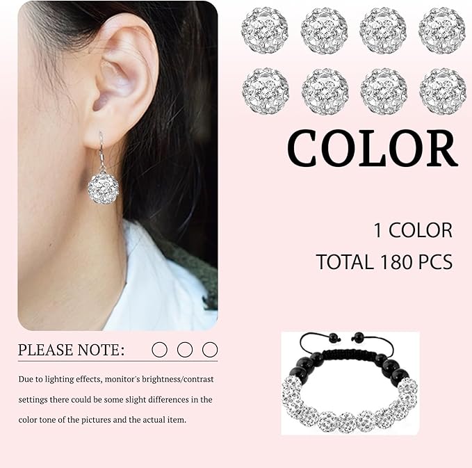 180 pcs White Rhinestone Beads for Jewelry Making-10mm Round Disco Ball Beads Crystal Baseball Bead Bling Bead for Necklace Bracelet,DIY Craft Supplies,Earring Jewelry Making