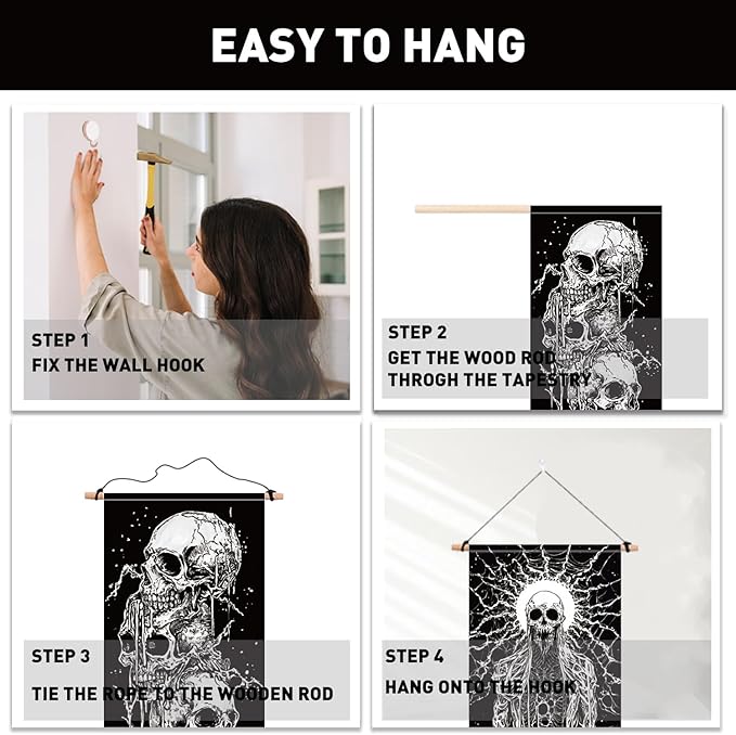 PLIGREAT 2 Pack Skeleton Tapestry with Tassels, 52" x 13" Black and White Aesthetic Wall Hanging Goth Style Vertical Home Art Tapestry for Bedroom Living Room Long Narrow Wall Hanging Art Decor