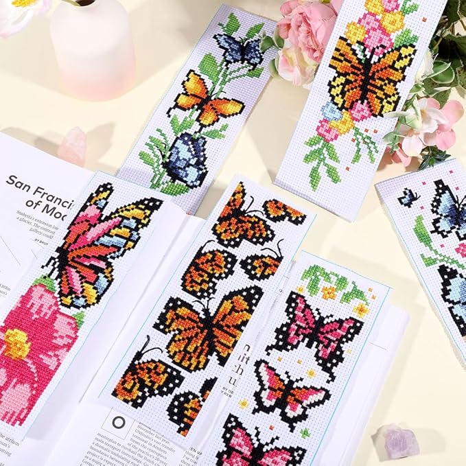 ORIGACH 6 Pcs Cross Stitch Bookmark Kit for Beginner Adults, Butterflies and Flowers Stamped Embroidery Bookmark Kit with Instruction for Starters Printed Cross Stitch DIY Kits for Book Lovers