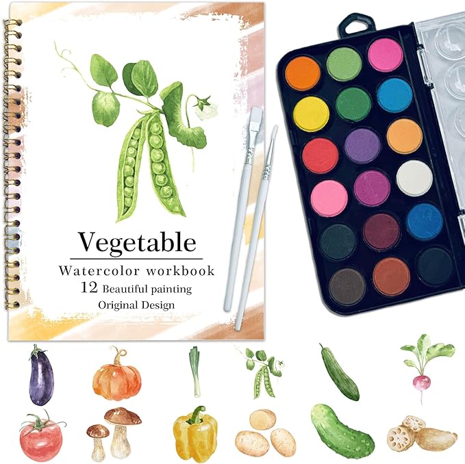 Watercolor Workbook, Water Coloring Book, 12 Different Patterns of Original DIY Designs, 18 Colors Watercolor Paint Set, Beginner-Friendly Watercolor Workbooks(Vegetables), Perfect Gifts for Adults