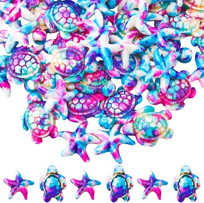 SUNNYCLUE 100PCS 2 Styles Purple Turquoise Beads Turtle Starfish Beads Summer Hawaii Ocean Animal Sea Life Lucky Gemstone Loose Spacer Beads Bulk for Jewelry Making Beading Kit Bracelets Craft Supply