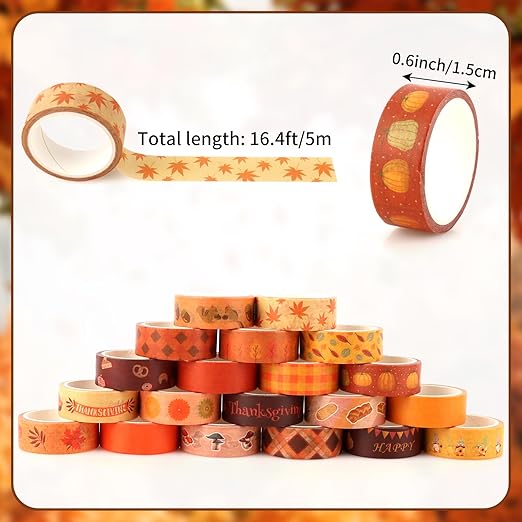 Fall Washi Tape Set 20 Rolls Autumn Washi Tape Autumn Thanksgiving Pumpkin Fall Leaves Decorative Tape for Seasonal Kids DIY Art Crafts Notebook Scrapbooking & Stamping Supplies