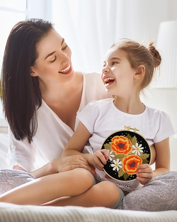 ERKOON Embroidery Kit for Beginners, Flower Cross Stitch Set Include Embroidery Cloth Hoops Threads for Craft Lover Hand Stitch with Embroidery Skill Techniques (Floral)