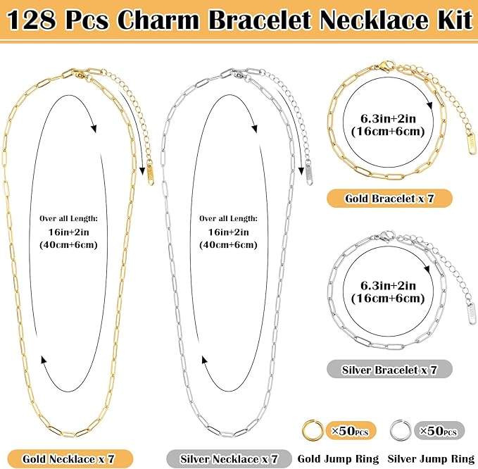 Comkrivy 128 Pcs Charm Bracelet Necklace Kit, 18K Gold & Silver Plated Chains, Adjustable Charm Bracelet Chain Necklace Set for DIY Jewelry Making, Includes 100 Pcs Open Jump Rings