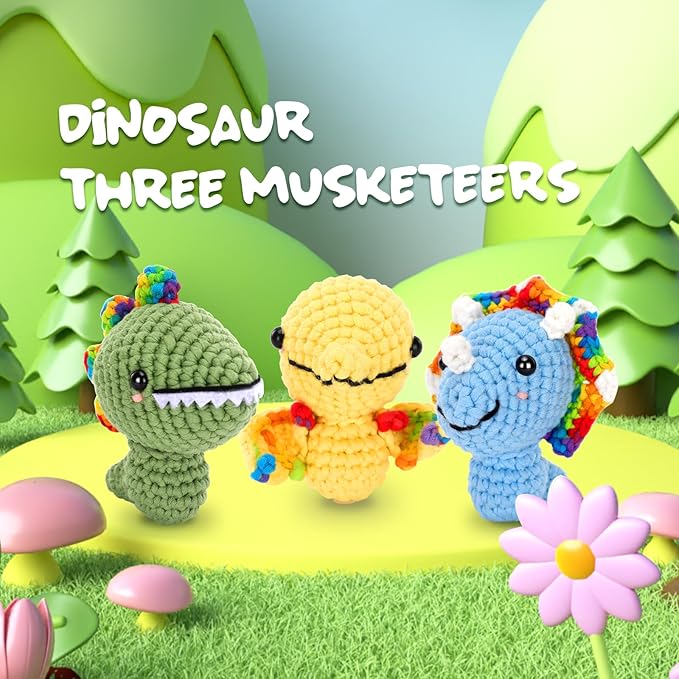 Crochet Kit for Beginners Adults - 3pcs Dinosaur Starters Crochet Kit, Beginners Crocheting Kitting for Adults Teen, DIY Craft Gifts with Crochets Yarns, Hook, Step-by-Step Video, Instruction
