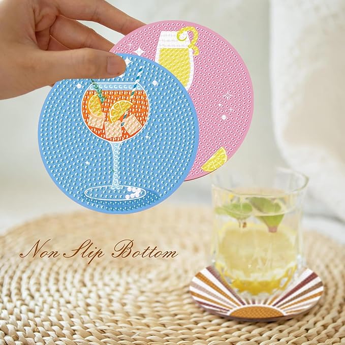 8Pcs Diamond Painting Coasters with Holder,DIY Cocktail Life Coaster Diamond Art Kits for Adults,Beginners Round Full Drill Diamond Art Craft Supplies