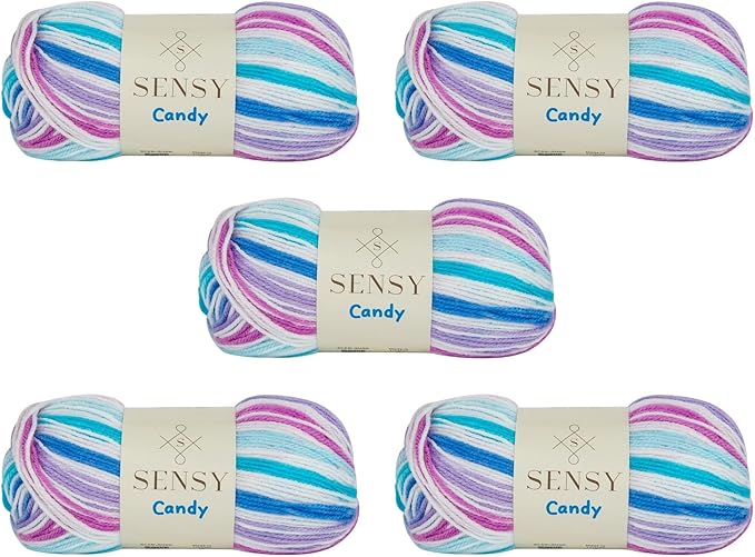 Sensy Candy Yarn - 5 Skeins, 3.5 oz, 251 Yards, Multicolor for Crocheting and Knitting, Light Gauge 3