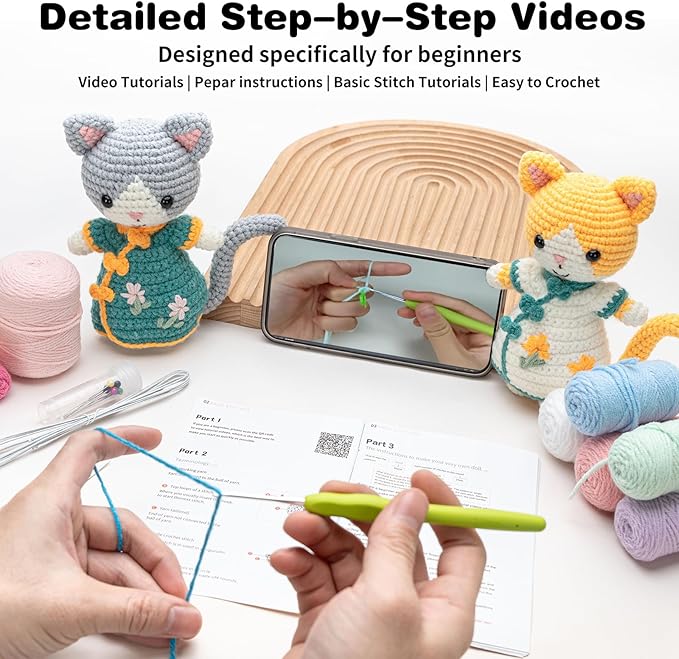 Youkali Crochet Kit for Beginners, Crochet Starter Kit with Step-by-Step Video Tutorials, Easy Beginner Crochet Kit for Adults, Crochet Animals Crafts Crochet Kits, Easy Knitting Kit. (Cat)