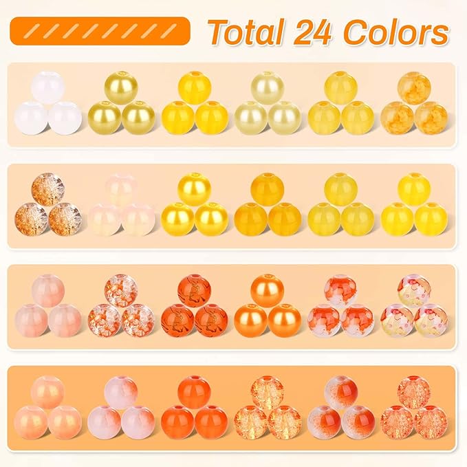 PAXCOO 720pcs 8mm Glass Beads for Jewelry - 24 Color Loose Beads for Bracelets, Earrings, Necklaces - Jewelry Making Supplies, Orange and Yellow