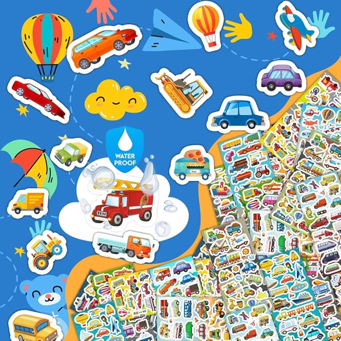 36 sheets cars and trucks stickers for kids, 700+ vehicle transportation stickers party favors pack including cars, construction,fire trucks,buses,airplane,rocket and more!