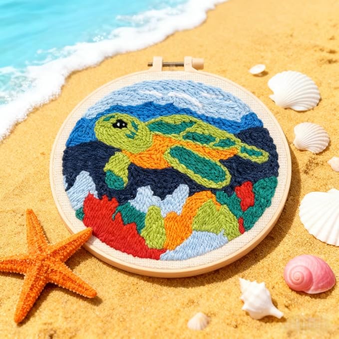DIY Punch Needle Kits for Beginners Green Sea Turtle with Hoop Embroidery Punch Needle Starter Craft Set Easy for Adults and Children Festival Gift and Decoration 20x20cm-5