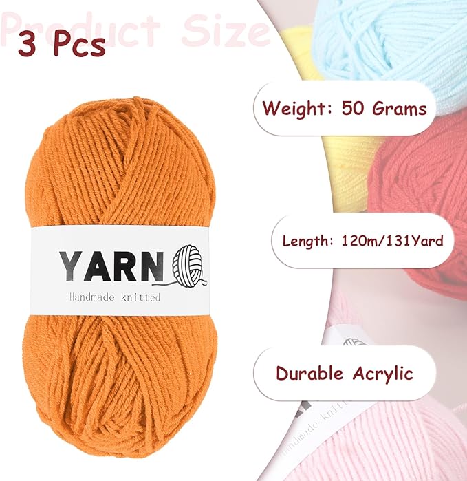 3Pcs Orange Acrylic Yarn 400 Yard 4 Ply Soft Crochet Yarns Sport Weight Yarn,[for DIY Crocheting Knitting Craft Blankets Hats]-150g