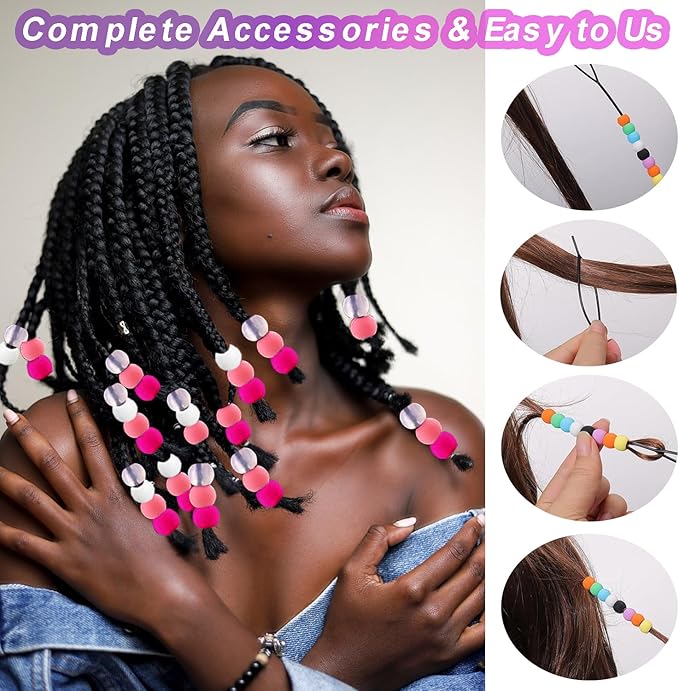 120Pcs 14mm Large Silicone Beads for Hair Braids, Soft Jellyish Hair Beads with 7mm Hole + 50 Rubber Bands and 1 Beader for Braiding, DIY Bracelets Necklaces Crafts(Rose Red)