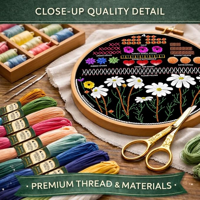 Moni Crafts - Embroidery Kit for Beginners Adults – Learn Embroidery Stitches, Complete Starter Kit with 4 Pre-Printed Patterns (Mushroom & Floral), Threads, Needles & Hoop – Video Tutorials