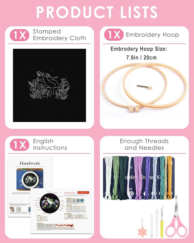 TINDTOP Embroidery Kit for Beginners Adult, Frog Embroidery Kit for Beginners Include Embroidery Cloth Hoops Threads for Craft Lover Hand Stitch with Embroidery Skill Techniques