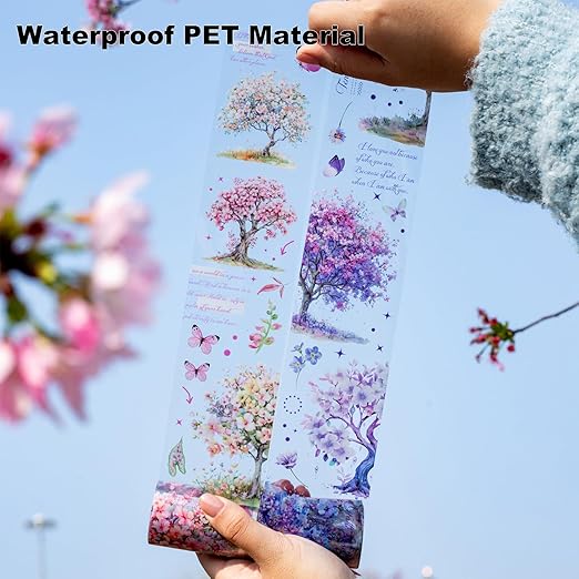 6 Rolls Blooming Forest PET Tape Set, 6 Rolls Tree-Themed Tapes with Decorative Clip, Scrapbook and Journal Supplies for DIY Crafts and Collage