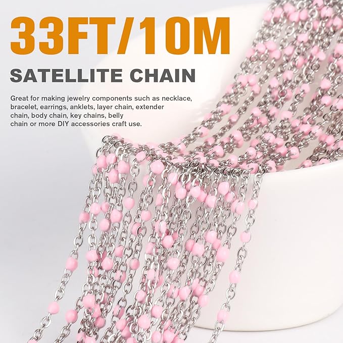 33 Feet Stainless Steel Enamel Chains Bulk, 2mm 304 Stainless Steel Pink Enamel Beaded Cable Link Chain Roll Spool for Jewelry Making