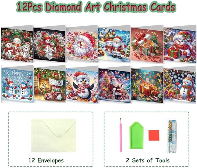 12-Pack 5D DIY Diamond Art Christmas Cards with Envelopes, Special-Shaped Diamond Painting Greeting Cards, Art Craft Kit, Creative Gift for Christmas