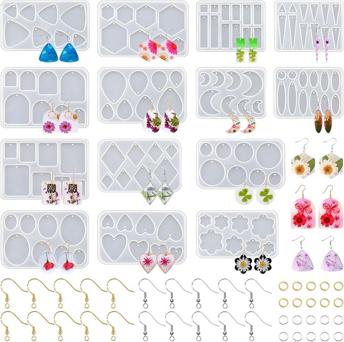 54 Pcs Epoxy Resin Jewelry Molds for Beginners, Moldes De Silicona para Resina for Earrings Pendants Necklaces Keychains Making, Variety Silicone Casting Mould with Hole for Boho Art Crafts