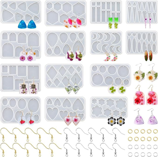 54 Pcs Epoxy Resin Jewelry Molds for Beginners, Moldes De Silicona para Resina for Earrings Pendants Necklaces Keychains Making, Variety Silicone Casting Mould with Hole for Boho Art Crafts