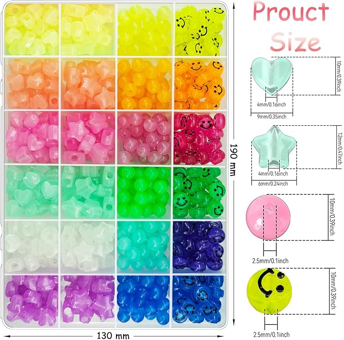612Pcs Candy Color Acrylic UV Glow in The Dark Beads - Happy Face, Heart, Star Shapes - Color Changing Sun Reactive Plastic Solar Hair Beads Bulk for Bracelet Necklace Jewelry Making