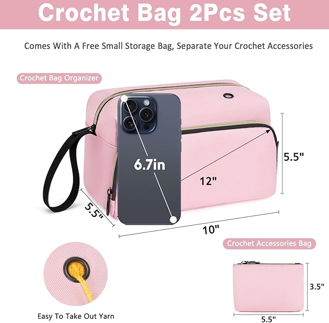 IBFUN Crochet Yarn Knitting Bag 2 Pcs Yarn Storage Organizer Crocheting Bags for Beginners with Hand Wrist for Crochet Accessories Needles Hooks Knitting