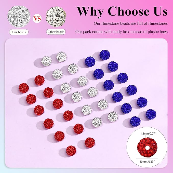 Dowarm 255PCS 10mm Rhinestone Beads for Baseball Rhinestone Necklace Bracelet Jewelry Making, Round Polymer Clay Beads for Crafts Beaded Pens, DIY Shamballa Pave Disco Diamond Bead, White|Red|Blue
