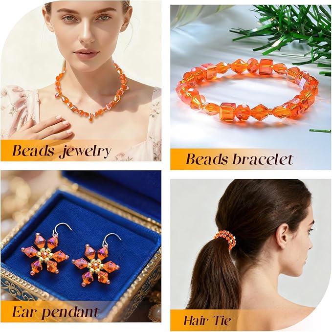 1500 Pcs Crystal Glass Beads for Jewelry Making – 12 Styles Bicone, Rondelle, Cube, Teardrop & 3mm Spacer Beads, DIY Bracelet Necklace Earring Craft Kit Random Colors(Orange)