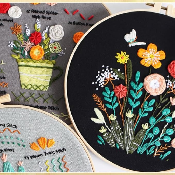 konrisa embroidery kits for adult beginners, stamped embroidery starter kit with flower pattern, diy sewing needlepoint kits, cross stitch practice kit,3 pcs embroidery pattern, include 1pcs hoop