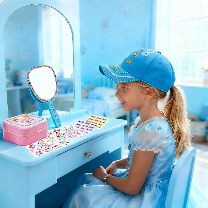 Christmas Gifts for Girls Decorate Your Own Baseball Cap with 10 Sheets Gem Stickers, DIY Arts and Crafts Kit for Kids 4 5 6 7 8 9 10 11 12 Years Old, Girls Handheld Mirror Jewelry Case (Blue)