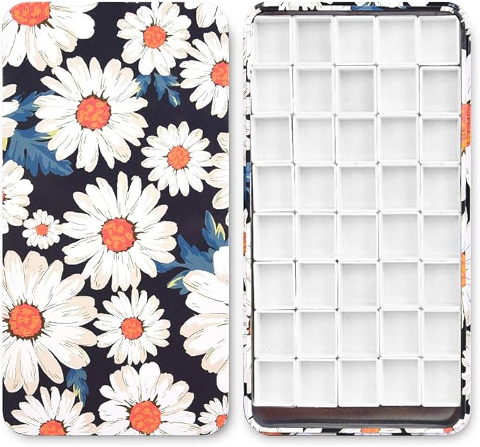 40Pcs Empty Half Pans with Magnetic Stripe Watercolor Paint Travel Tin Palette Case, Artist Paints Half Pan Kits for DIY Watercolor Oils or Acrylics Painting Art Drawing Daisy