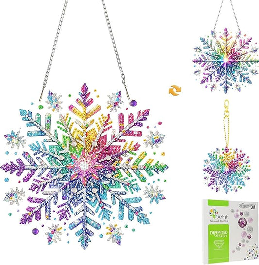 Masendp Adult Diamond Art Hanging Double Sided Kit, Special Shape Rhinestones, DIY Acrylic 5D Diamond Art Painting Window Pendant Home Garden Wall Mounting Kit Hanging Ornament. (Snowflake)