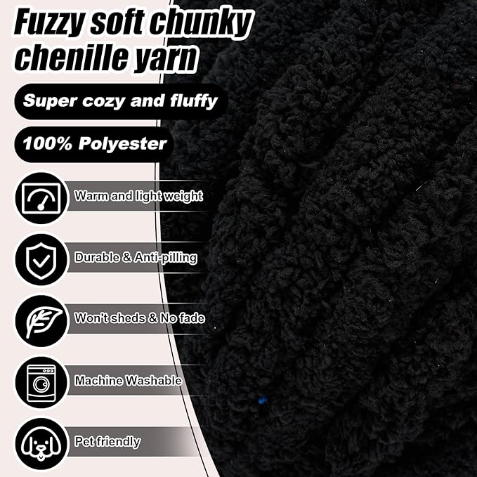 Chunky Yarn for Hand Knitting, Jumbo Chunky Yarn for Crocheting, Chunky Chenille Yarn, 1 Pack (32 yds 8.5 oz Each Skein),#7, Black