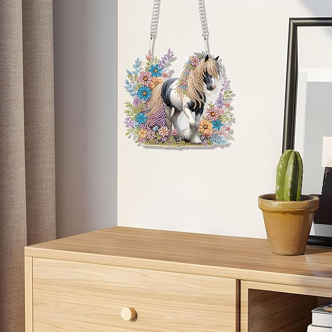 JZHYOAN Horse Diamond Painting Arts Hanging Kit Acrylic Ornaments Craft Kits Crystal Art Pendant Wind Chimes with Diamonds Diamond Art Window Pendants Home Garden Wall Hanging Kits