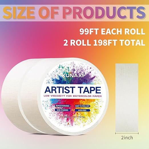 2 Packs Art Tape, Artist Tape for Watercolor Paper Low Tack White Painters Tape for Drafting Art Painting Canvas Framing Acid Free Masking Tape-2IN Wide 198FT Long Total