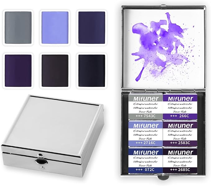 Mini Portable 6-Color Solid Watercolor Paint Set for Adults & Artists, High Tinting Strength Travel Art Kit for Beginners and Professionals, Half Pans (Each Capacity Approx 1.5ml).Purple Series