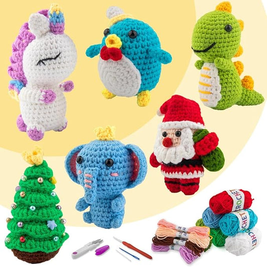 KIECIK 6Pcs Crochet Kit for Beginners, Knitting Kit for Adults, Crochet Animal Kits with Step by Step Videos Tutorials, Knitting Kit Great Birthday Holiday Gift, DIY Keychain Pendants (Set-01)