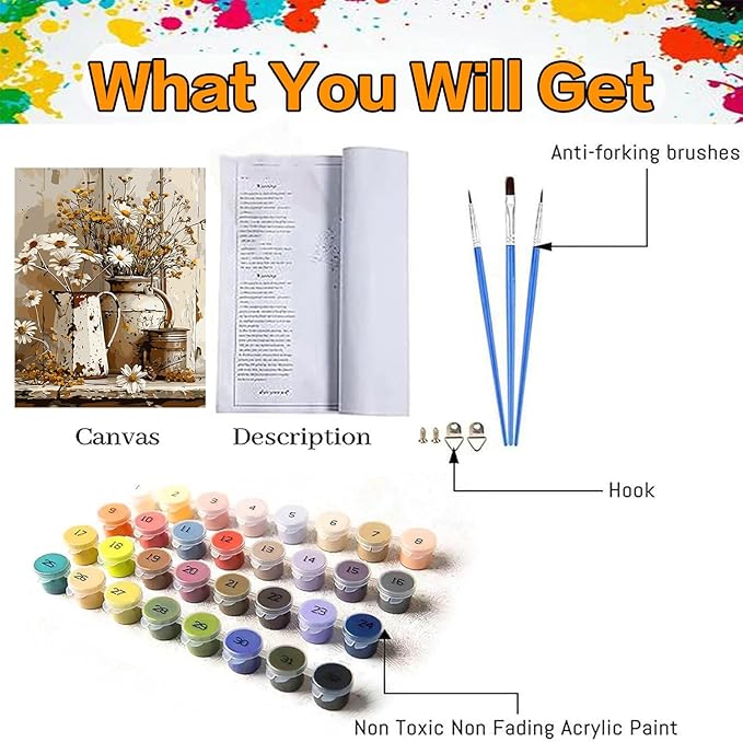Axquilon Paint by Numbers Kit for Adults Beginner-Rustic Flowers Adult Paint by Number Kits on Canvas, Easy Adults' Paint-by-Number Kits Oil Painting for Gift Home Wall Decor 16x20in