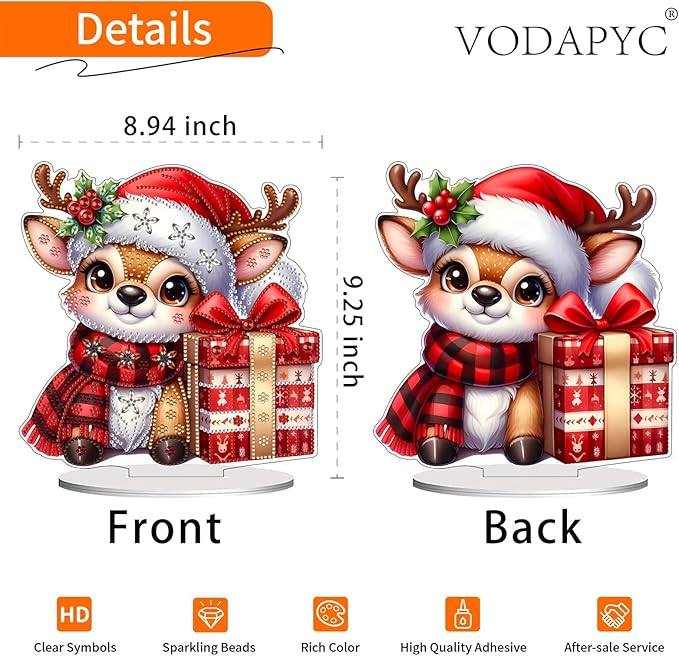 VODAPYC Christmas Reindeer Diamond Art Tabletop Painting Kit, DIY Stand Up Double Sided Special Shaped Diamond Painting Desktop Ornament(Christmas Reindeer)