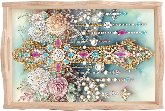 AiYuanzsh DIY Diamond Art Tray with Handle Diamond Art Painting Plate Creative Design Handmade Wooden Tray Mosaic Making Kits by Number Kits Diamond Art for Coffee Living Room Home Organizer