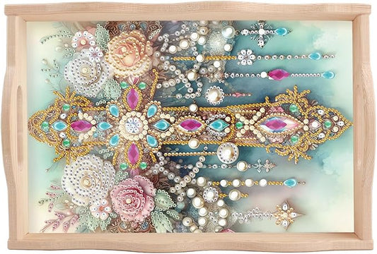 AiYuanzsh DIY Diamond Art Tray with Handle Diamond Art Painting Plate Creative Design Handmade Wooden Tray Mosaic Making Kits by Number Kits Diamond Art for Coffee Living Room Home Organizer