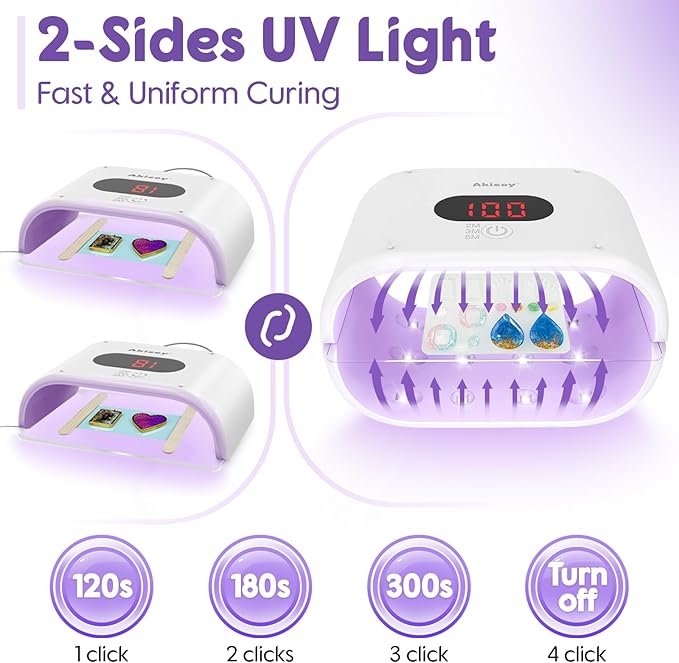 Akisey UV Resin Jewelry Making Kit, 200g Clear UV Resin Glue with Two-Sided Light & Molds, Starter Kit for Making Jewelry, Earring, Necklaces, Keychains